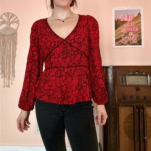 Red Floral Boho Puff Sleeve Blouse